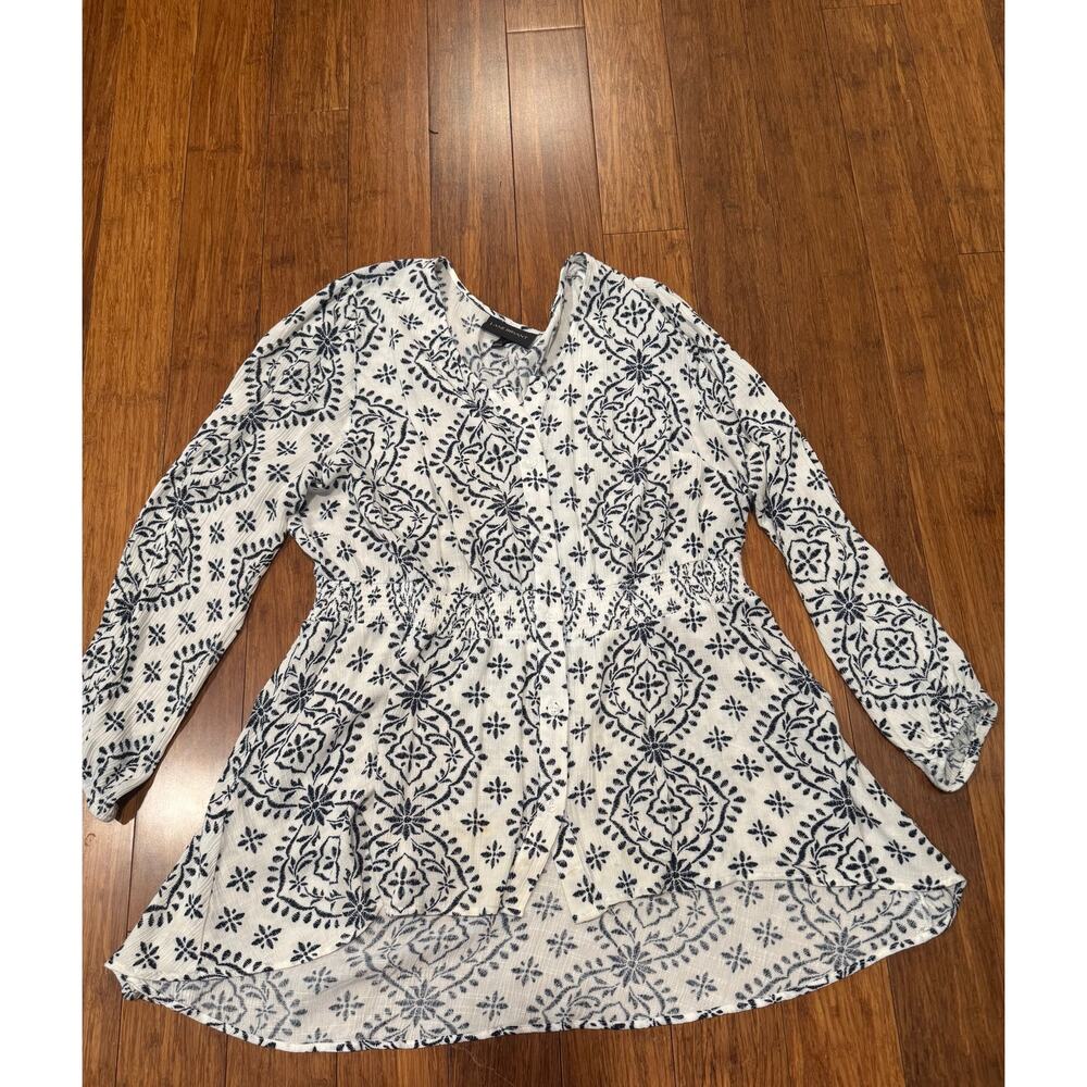 Womens Hi-low Lane Bryant Long Sleeve Blue & White Rayon Button Shirt Size 14